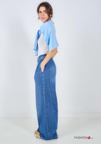 denim wide leg Cotton Jeans with buttons with zip with pockets - ph 3