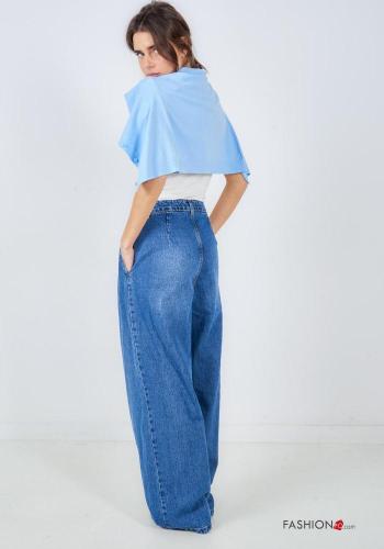 denim wide leg Cotton Jeans with buttons with zip with pockets - ph 4