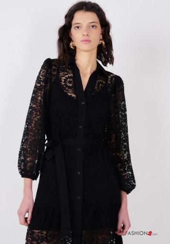 Vestido de Algodón manga larga encaje con cuello Patrón bordado con botones con cinturón de tela - ph 2