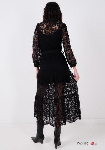 Vestido de Algodón manga larga encaje con cuello Patrón bordado con botones con cinturón de tela - ph 4