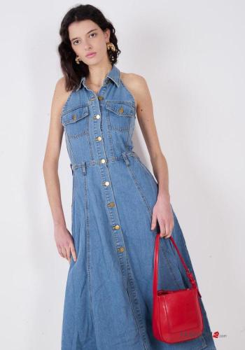 sleeveless with collar denim Cotton Dress with buttons with pockets - ph 2