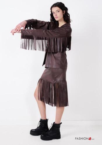 Abrigo imitación de cuero manga larga con botones con flecos - ph 3