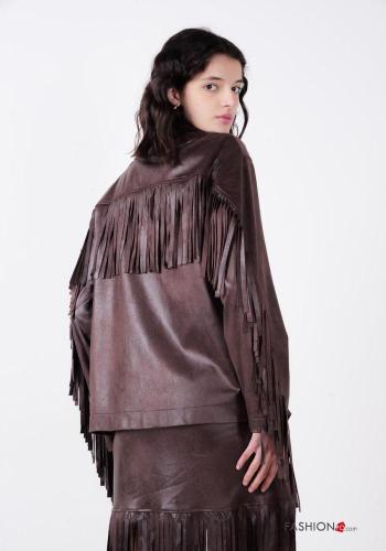 Abrigo imitación de cuero manga larga con botones con flecos - ph 4