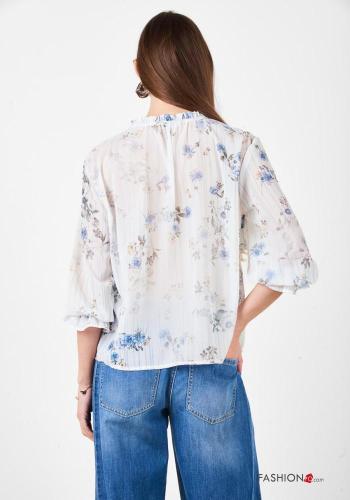 Floral Shirt with flounces 3/4 sleeve with v-neck - ph 3