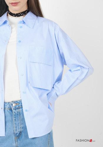 Camisa de Algodón manga larga con cuello a rayas con botones con bolsillos - ph 2