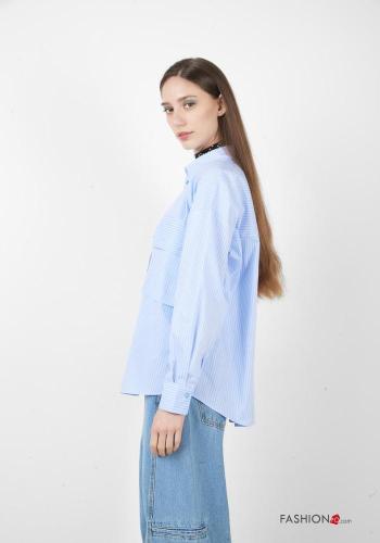 Camisa de Algodón manga larga con cuello a rayas con botones con bolsillos - ph 3
