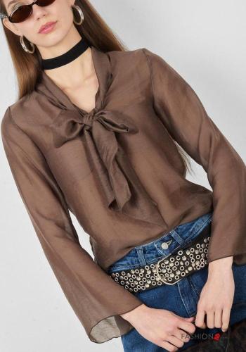 Blusa in Lino maniche lunghe con fiocco scollo a V - ph 2