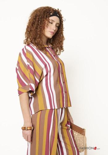 Striped short sleeve with collar Linen Shirt - ph 2