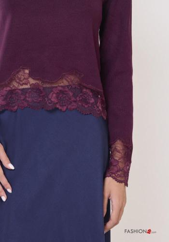 Embroidered lace trim Wool Mix Long sleeved top - ph 2
