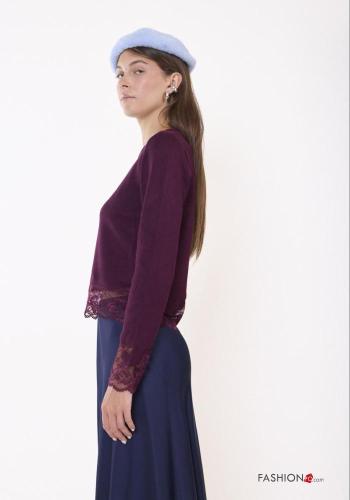 Embroidered lace trim Wool Mix Long sleeved top - ph 3