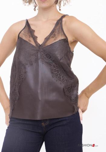 Top encaje imitación de cuero espalda descubierta con cuello en v - ph 2