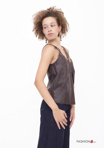 Top encaje imitación de cuero espalda descubierta con cuello en v - ph 3