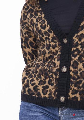 Chaqueta de punto Estampado animal con botones con cuello en v - ph 2