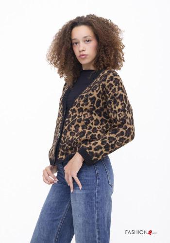 Chaqueta de punto Estampado animal con botones con cuello en v - ph 3