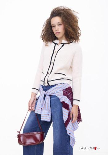 Chaqueta de punto de Mezcla de Lana cuello redondo a rayas con botones con bolsillos - ph 2