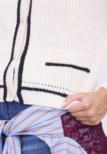 Chaqueta de punto de Mezcla de Lana cuello redondo a rayas con botones con bolsillos - ph 3