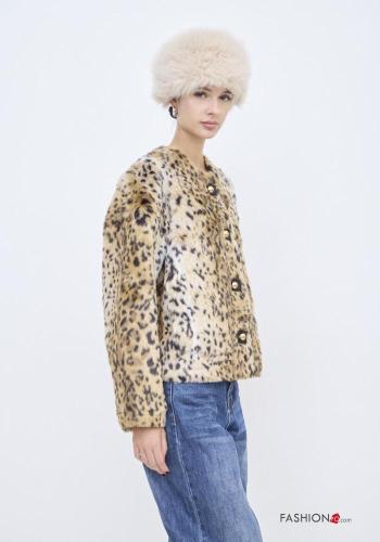 Bomber fourrure synthétique col rond Imprimé animalier à boutons - ph 2