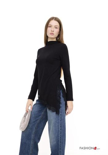 Embroidered lace trim Long sleeved top Rollneck - ph 2