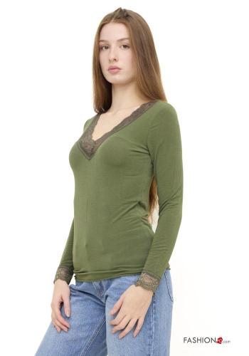 Camiseta de manga larga de Mezcla de Cachemira encaje con cuello en v - ph 3