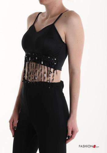 Top corto senza maniche scollato sulla schiena con coppe con paillettes con frange - ph 3