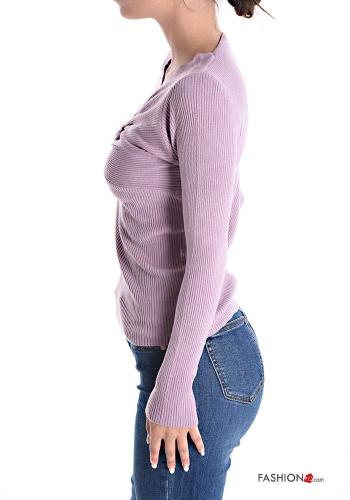 Camisola em jersey canelado manga comprida gola V com nó - ph 3