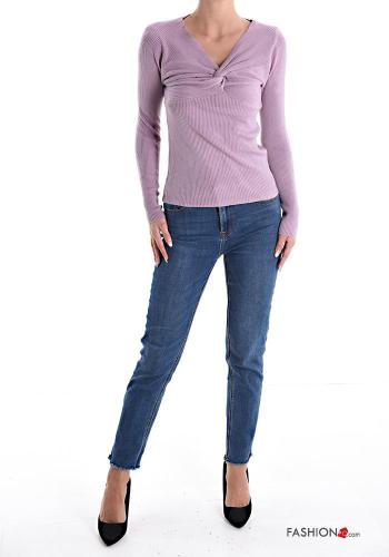 Camisola em jersey canelado manga comprida gola V com nó - ph 5