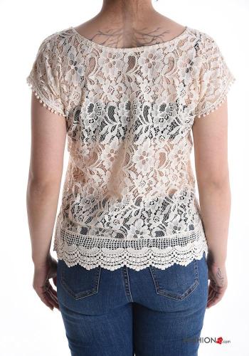 short sleeve crew neck lace trim Top - ph 2