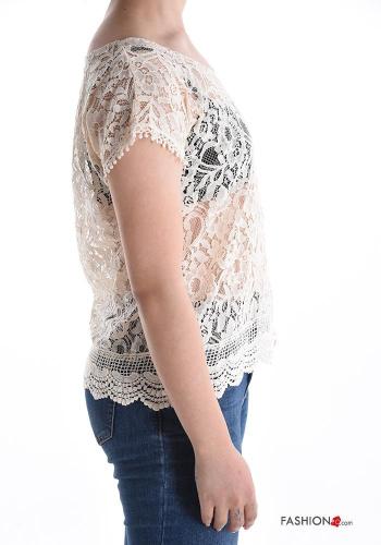 short sleeve crew neck lace trim Top - ph 3