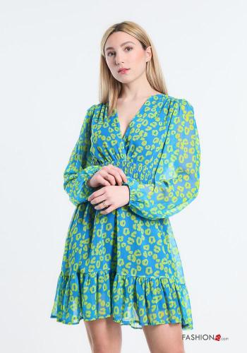 Animal print long sleeve knee-length Dress with flounces with v-neck - ph 2