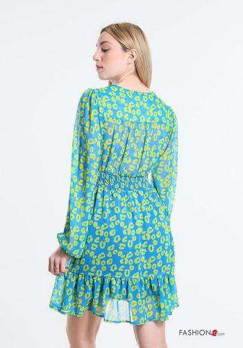 Animal print long sleeve knee-length Dress with flounces with v-neck - ph 4