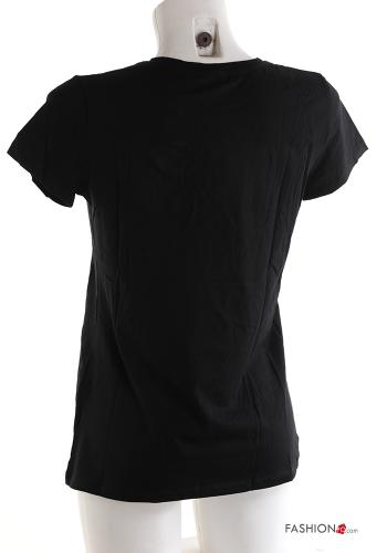 heart motif short sleeve crew neck Cotton T-shirt with rhinestones - ph 5