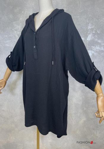 Robe en Coton à boutons avec ceinture manches à trois-quarts à capuche - ph 2