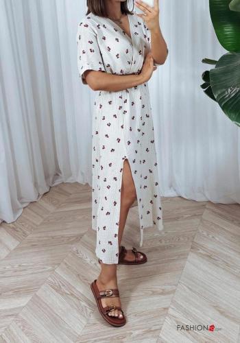 Vestido em Algodão manga curta Padrão Estampado gola V com fenda - ph 4