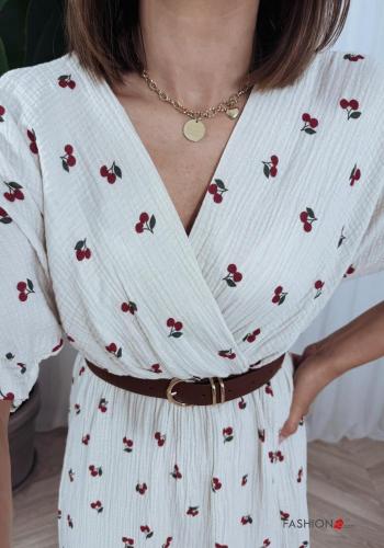 Vestido em Algodão manga curta Padrão Estampado gola V com fenda - ph 5