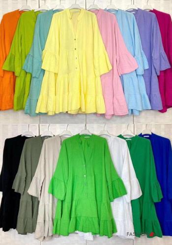 long sleeve Cotton Dress with flounces with v-neck with buttons - ph 6