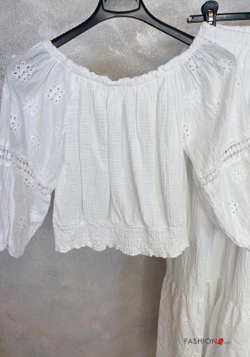 Coordinato in Cotone Fantasia ricamata scollo alla bardot in pizzo sangallo con elastico con balze con spacco - ph 6