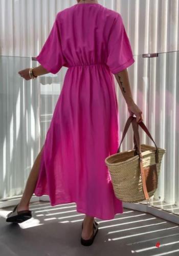 Vestido de Lino con elástico manga tres cuartos con cuello en v con abertura - ph 2