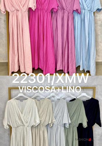 Vestido de Lino con elástico manga tres cuartos con cuello en v con abertura - ph 3