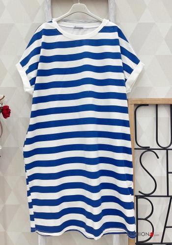 Striped short sleeve crew neck Cotton Dress with pockets - ph 2