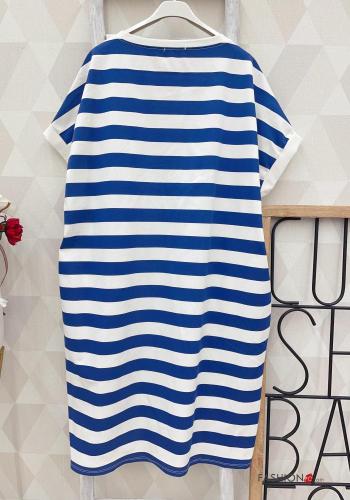 Striped short sleeve crew neck Cotton Dress with pockets - ph 3