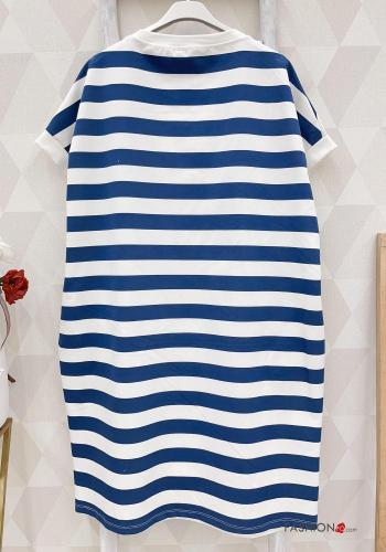 Robe en Coton manches courtes col rond Imprimé à rayures avec poches - ph 2