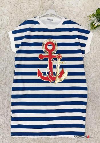Robe en Coton manches courtes col rond Imprimé à rayures avec poches - ph 3