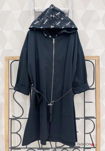 Patterned Cotton Duster Coat with belt with pockets with hood with zip - ph 2