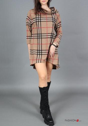 Tartan-Muster lange ärmel kurz Kleid mit Kapuze - ph 4