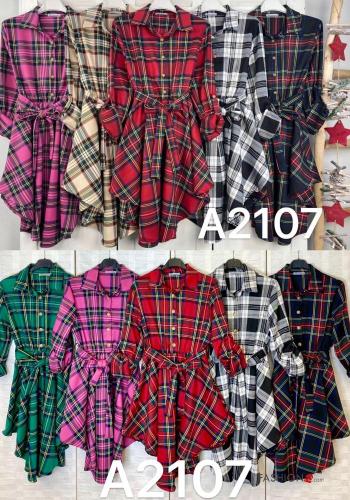 Abito maniche lunghe asimmetrico Fantasia tartan con bottoni con cintura in stoffa - ph 4