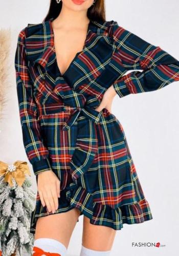 Abito maniche lunghe Fantasia tartan con cintura in stoffa con balze scollo a V - ph 2