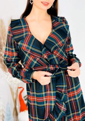 Abito maniche lunghe Fantasia tartan con cintura in stoffa con balze scollo a V - ph 3