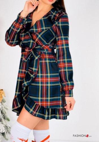 Abito maniche lunghe Fantasia tartan con cintura in stoffa con balze scollo a V - ph 4