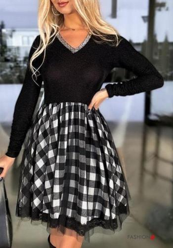 Abito corto maniche lunghe tulle pizzo Fantasia quadrettata vichy con paillettes scollo a V - ph 3