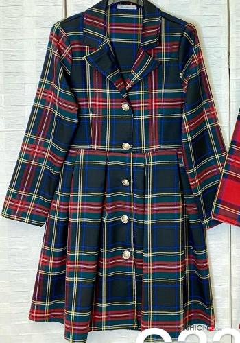 Abito chemisier corto maniche lunghe con colletto Fantasia tartan con bottoni - ph 4